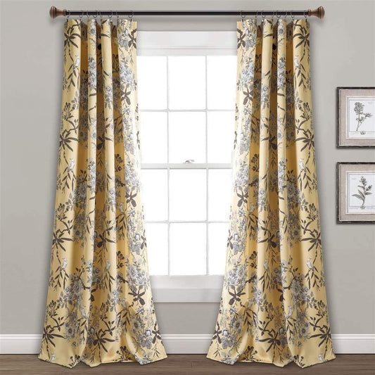 Lush Decor Botanical Garden Curtains Floral Bird Print Light Filtering Window Panel Drapes Set for Living, Dining, Bedroom (Pair), Yellow, 52"W x 84L"