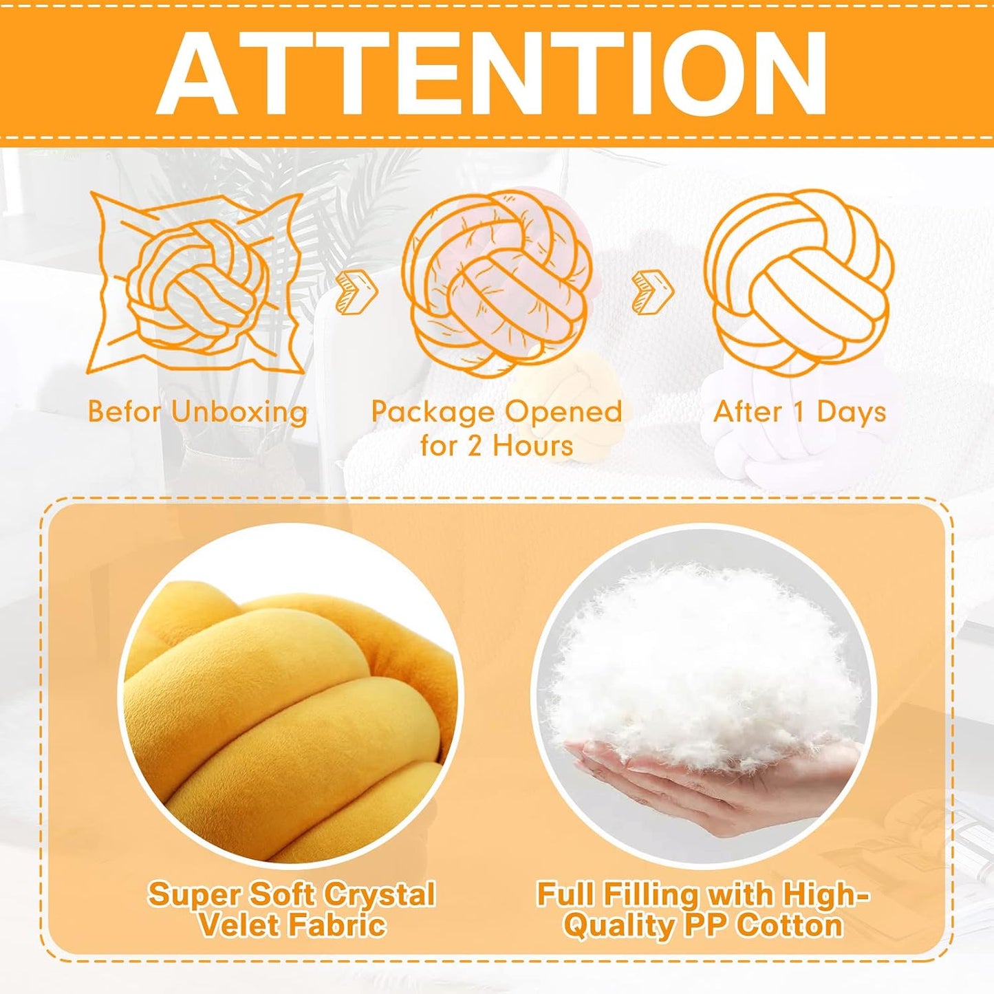 Namalu 2 Pcs Soft Knot Pillow Ball, Decorative Round Throw, Soft Knotted Plush Pillows, Handmade Stuffed Ball Pillows Cushion for Bedroom Sofa Couch Home Decor(7.87 Inches,Ginger Yellow)
