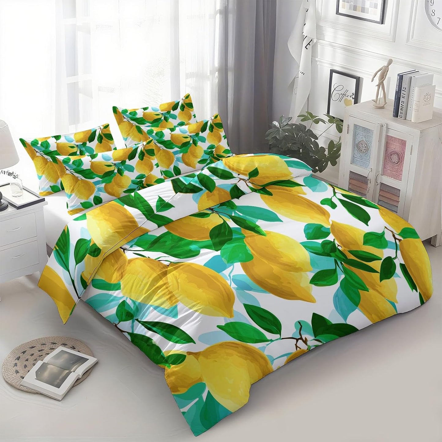 Kids Duvet Cover Set Cartoon Fruit Lemon Leaf Bedding Set for Boys Teens Adults, Yellow Comforter Cover Bedroom Collection 3Pcs Full Size (80 X 90 in)
