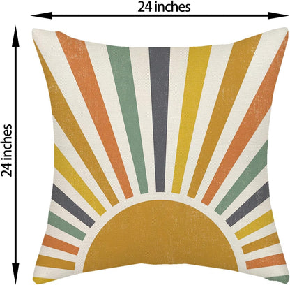 Summer Pillow Covers 24x24 Inch 2 Pcs Boho Mustard Yellow Sunshine Outdoor Decor Throw Pillows Stripes Rainbow Sun Farmhouse Holiday Decoration Pillowcase Linen Cushion Cover for Couch Sofa Bed