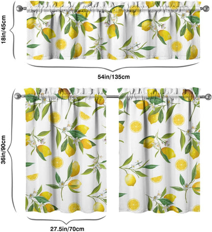 Lemon Curtains, Farmhouse Kitchen Sink Window Valance 3 Piece Set, Living Room Decor 54x36 Inches