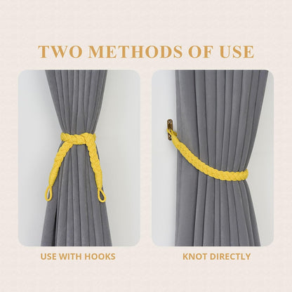 NICEEC 2 Pack Natural Cotton Rope Curtain Tiebacks Elegant Boho Style Decorative Drape Tie Backs Soft Hand-Woven Rope Curtain Holdbacks with Metal Hook for Home & Office Drapery (Yellow)