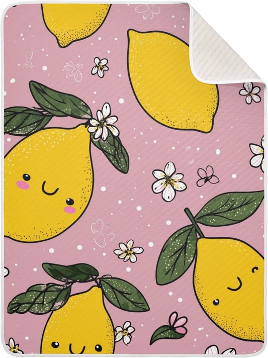 Yellow Lemons and Leaves Baby Blanket Quilt - Soft Lightweight Cotton Baby Blankets for Boys & Girls, 30x40in