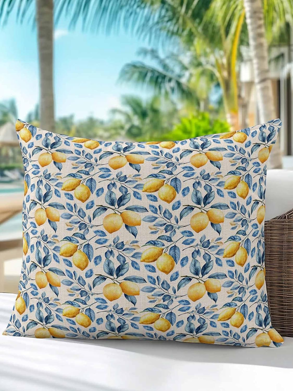 1 Pack Outdoor Throw Pillow, Lemon Waterproof Pillow with Insert Included, Spring Summer Pastoral Fruit Leaf Branch Decorative Accent Cushion Sofa Pillows for Patio Porch, 18 x 18 in