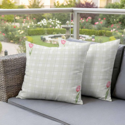 Waterproof Throw Pillow Covers 18x18 Set of 2, Light Yellow Lattice Spring Tulip Flower Outdoor Pillowcases Invisible Zipper, Minimalist Check Decorative Cushion Covers for Patio Garden Sofa Couch
