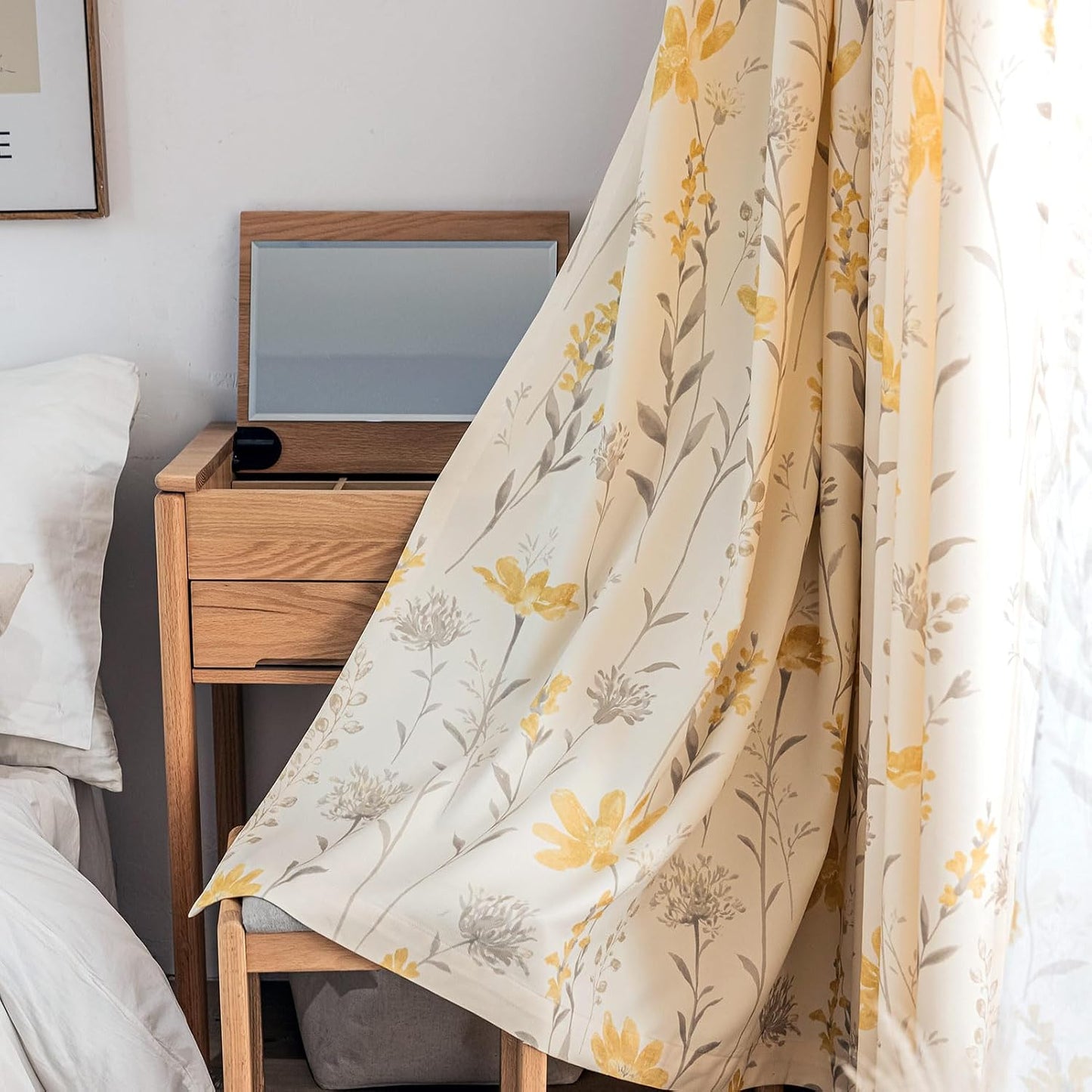 SUOUO Mustard Yellow Floral Curtain for Living Room Boho Chenille Patterned Grey Leaf 84 Inches Long Window Drapes for Bedroom Dining Sunflower 2 Panels