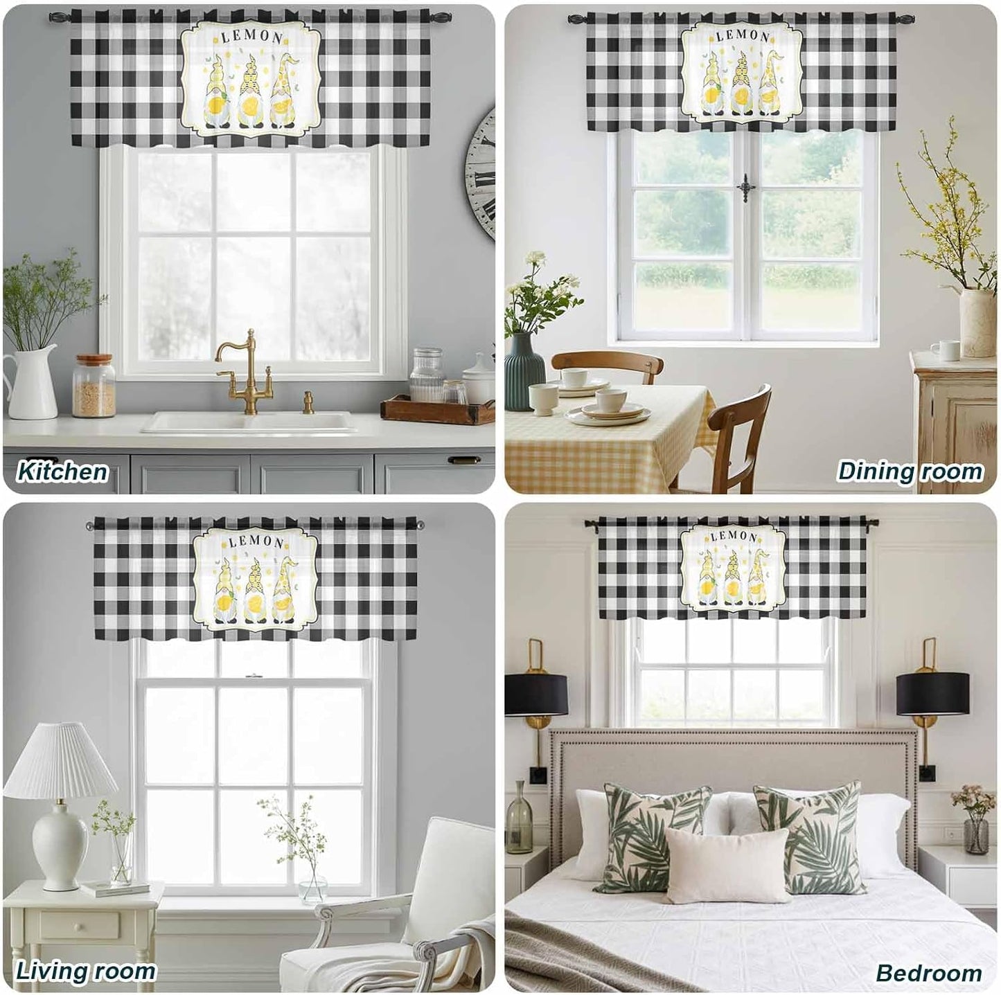 Sheer Window Valance Lemon Gnome Summer Fruit Plant Semi Voile Short Curtain Rod Pocket Buffalo Check Plaid Valances Window Treatment for Bedroom Living Room Kitchen 54x18in