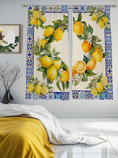 Summer Lemons Semi Sheer Curtains 72 inch length 2 panels set Vintage Yellow Fruit Flower Blue Ethnic Plaid Kitchen Curtains Rod Pocket Sheer Drapes for Bedroom Living Room, Voile Window Treatment