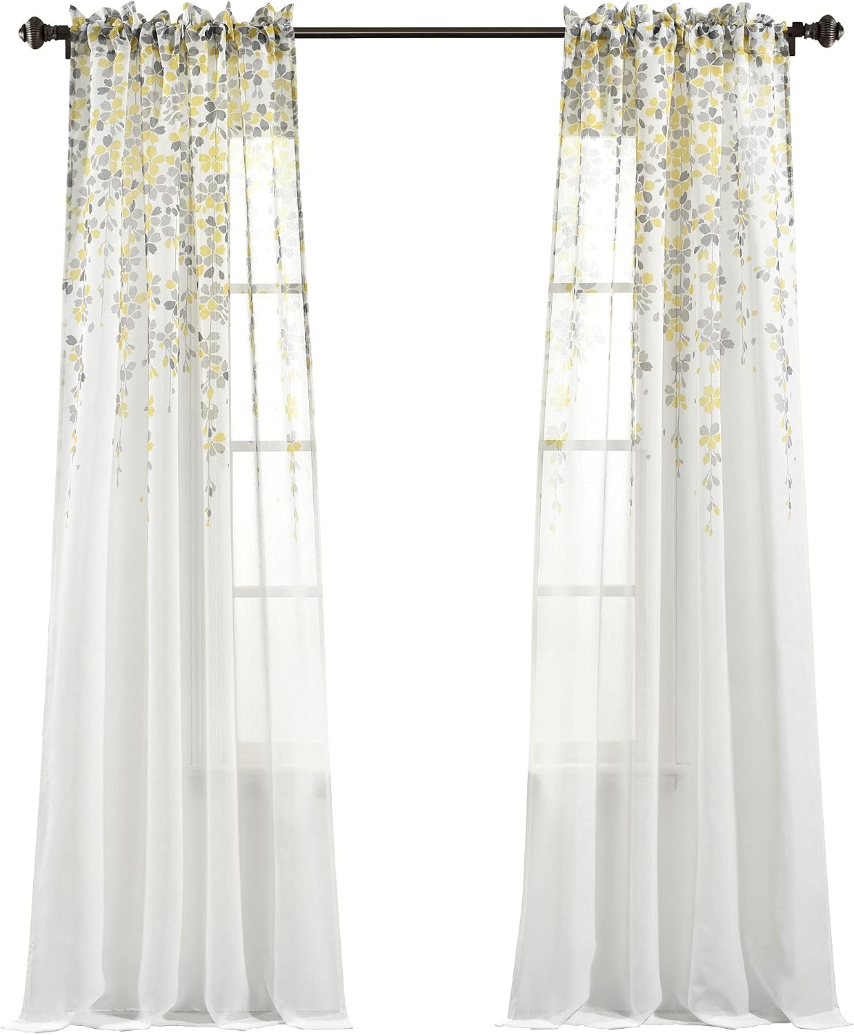 Lush Decor Weeping Flower Sheer Window Curtain Panels, Pair, 38" W x 84" L + 2" Header, Yellow & Gray - Sheer Curtains - Farmhouse Decor - Floral Curtains for Living Room, Bedroom & Dining Room