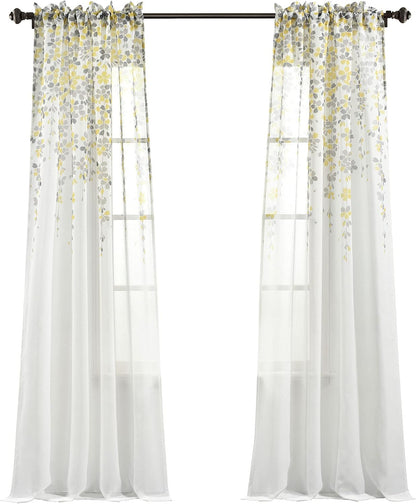 Lush Decor Weeping Flower Sheer Window Curtain Panels, Pair, 38" W x 84" L + 2" Header, Yellow & Gray - Sheer Curtains - Farmhouse Decor - Floral Curtains for Living Room, Bedroom & Dining Room