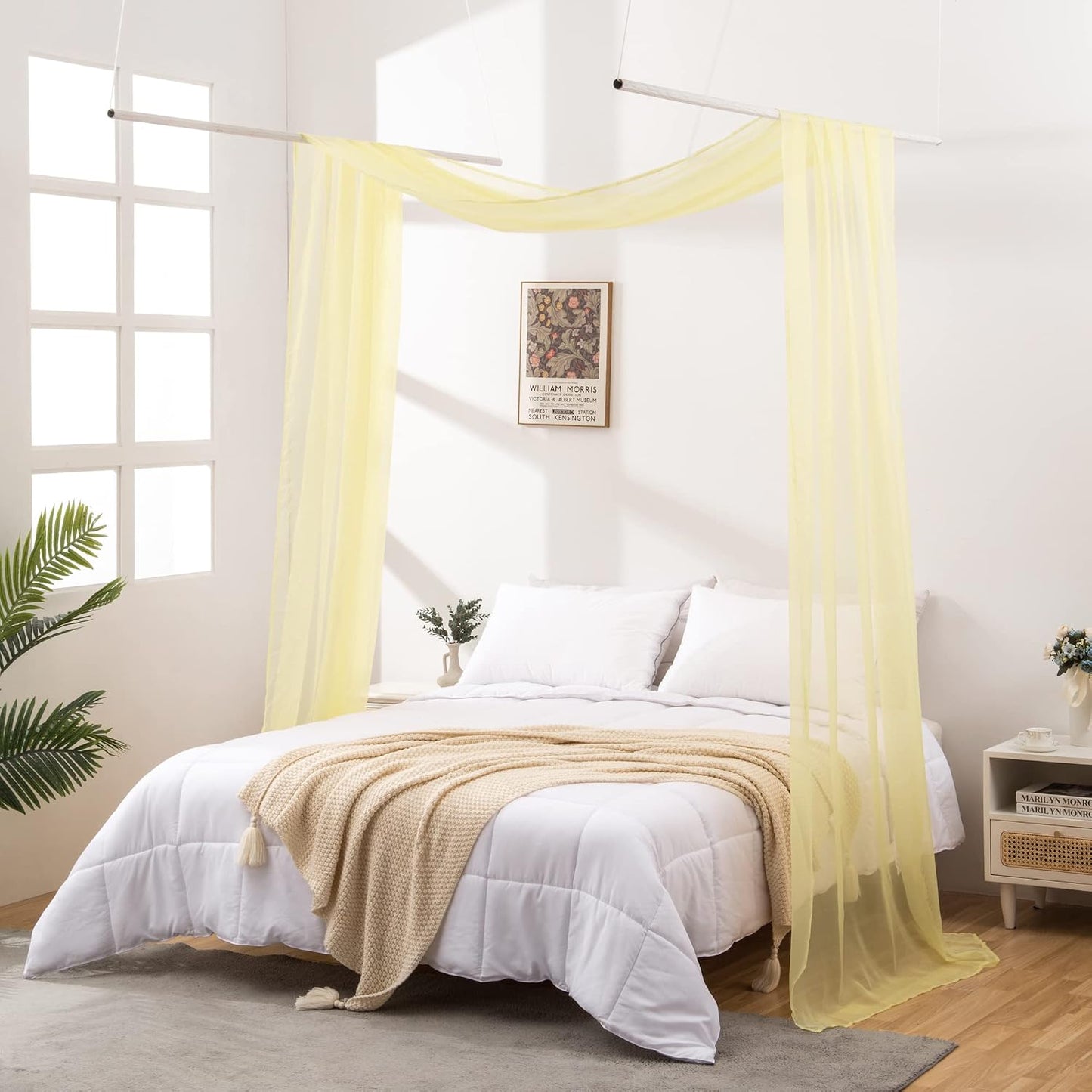 Yellow Cream Sheer Bed Canopy Scarf 216 Inch Long, Bed Canopy for Girls Adult, Decorative Scarfs Curtain Drapes for Wedding/Anniversary, Window Valance Curtain Wide 52, Queen