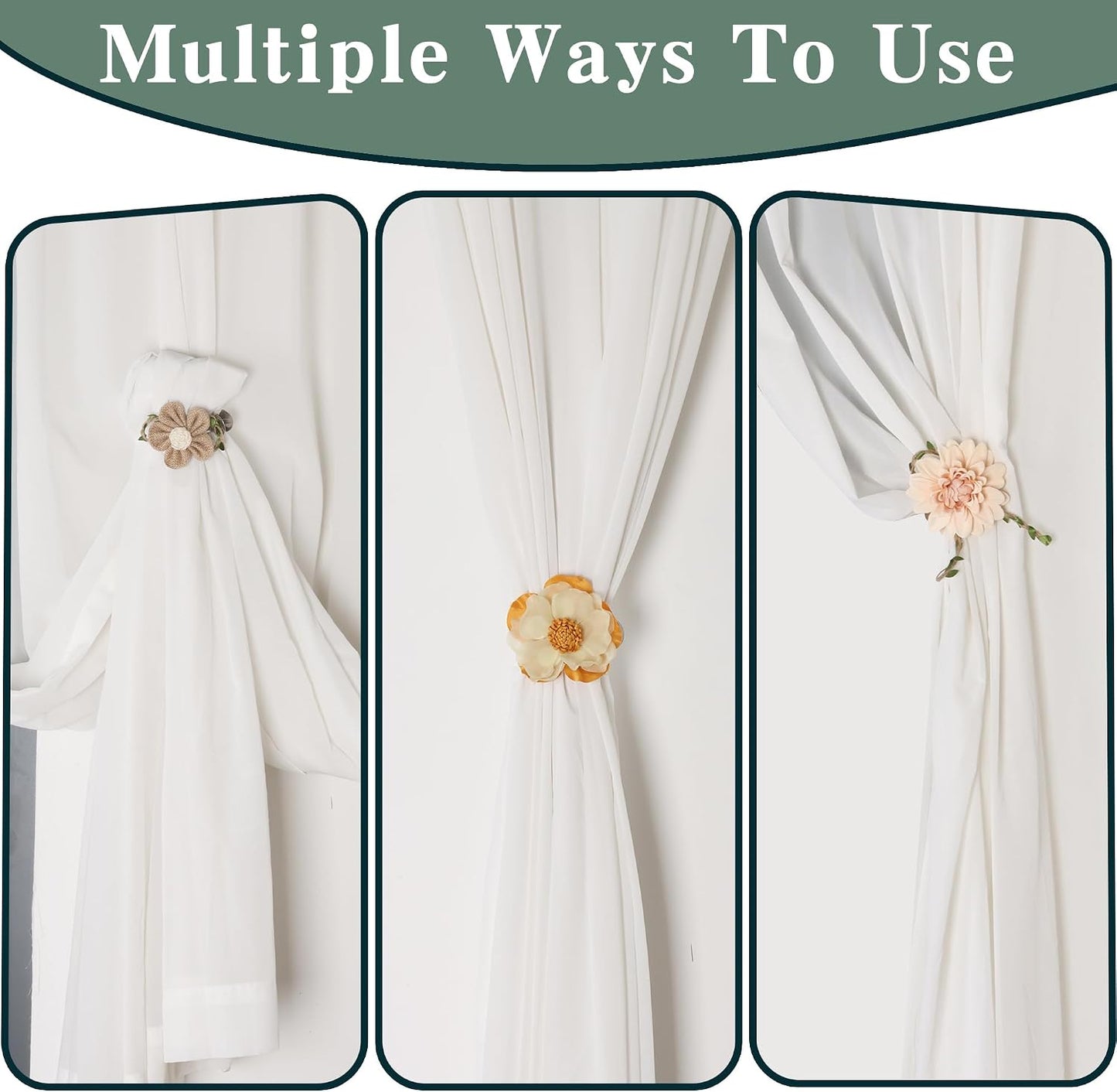 Meplait 2 Pack Flower Curtain Tiebacks & Holdbacks, No Drill Curtain Clips for Sheer Curtains Decorative Curtain Tie Back for Bedroom Nursery Living Room (Yellow Chiffon Camellia)