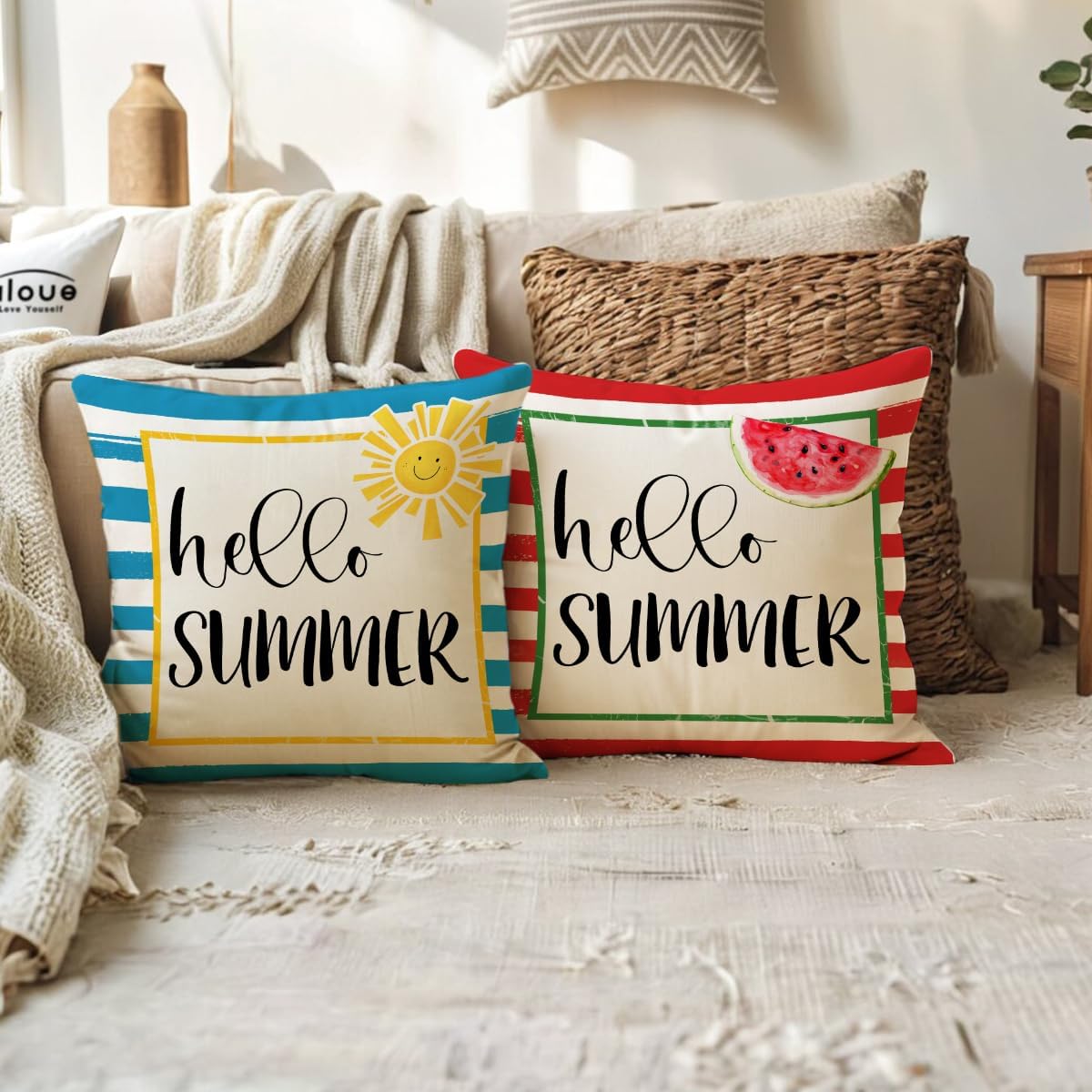 ULOVE LOVE YOURSELF Hello Summer Decorative Pillow Cover Blue Stripes with Sunshine Design Cushion Cover 18×18 Farmhouse Summer Holiday Seasonal Decorations for Sofa Couch Porch (Blue/Yellow)