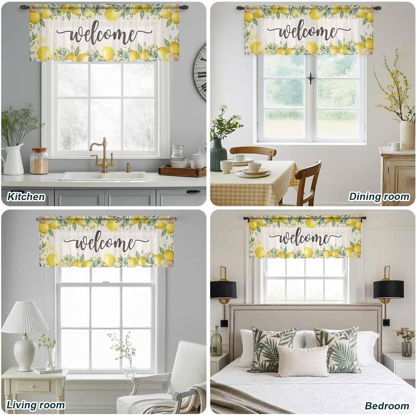 Country Sheer Curtain 18 Inch Long Welcome Yellow Lemon Farm Linen Texture Light Filtering Rod Pocket Voile Curtain Valance for Bedroom Kitchen Cafe Window 54" W x 18" L
