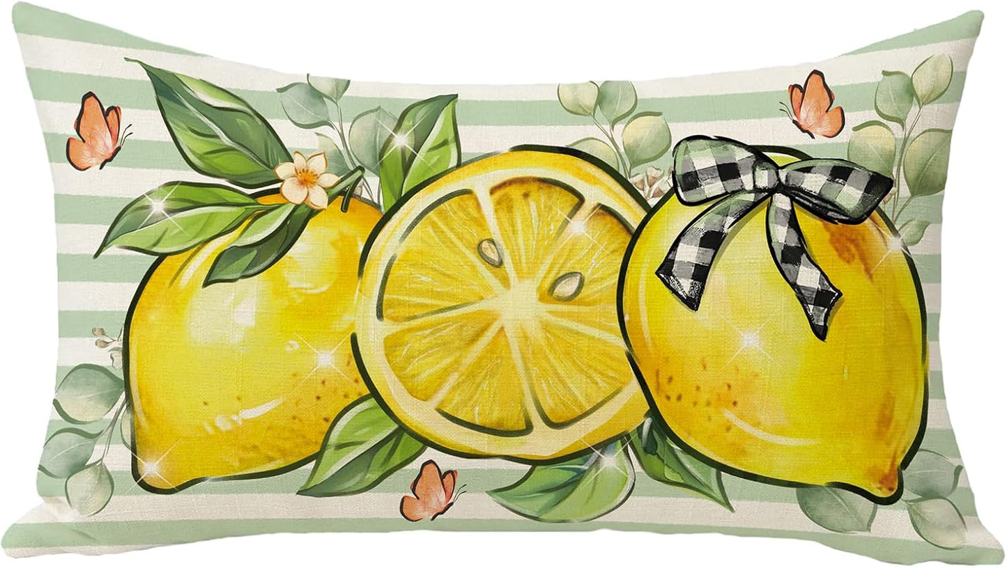 Spring Summer Lemon Lumbar Decorative Throw Pillow Cover 12 x 20, Rectangular Citrus Fruit Plaid Bow Outdoor Home Decor, Green Striped Butterfly Farmhouse Sofa Couch Cushion Case
