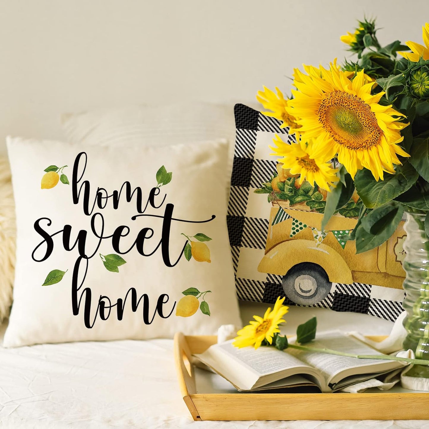 AnyDesign Lemon Pillow Covers 18 x 18 in Summer Farmhouse Throw Pillow Case Watercolor Buffalo Plaids Truck Hello Sunshine Cushion Cases for Home Sofa Couch, 4 Pack