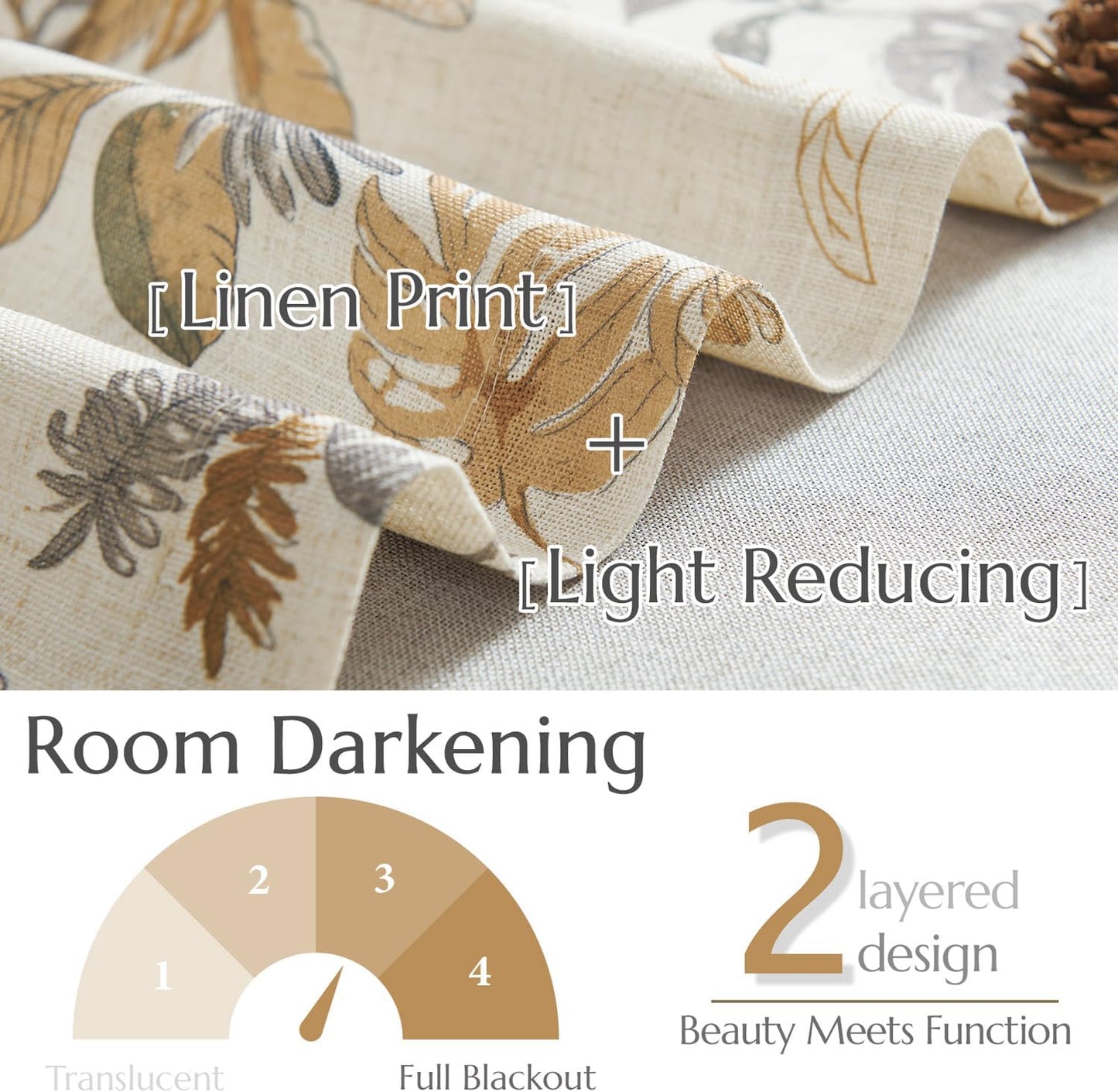 jinchan Linen Valance Double Layer Kitchen Window Curtain Yellow Leaf on Beige Valance for Living Room Cafe Farmhouse Light Filtering Rustic French Country Curtain 16 Inch Rod Pocket 1 Panel