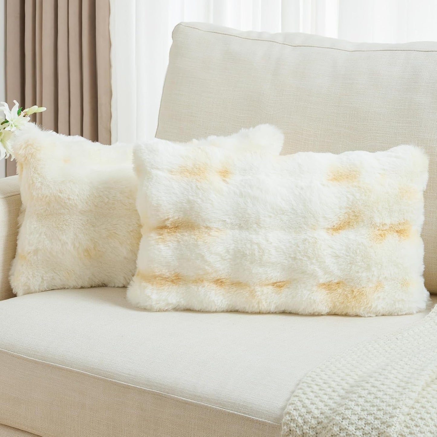 FUTEI Pack of 2 Faux Fur Throw Pillow Covers 12x20 Inch Soft Raised Textured Decorative Pillowcase Modern Farmhouse Accent for Couch Bed Living Room, Yellow White