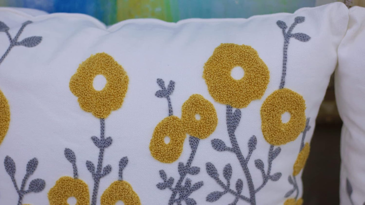 Mustard Yellow Flora Throw Pillow Covers Fall Decorative Pillowcase 18x18 Embroidered Cushion for Home Living Room Farmhouse Couch Sofa Picnic 2 Pcs
