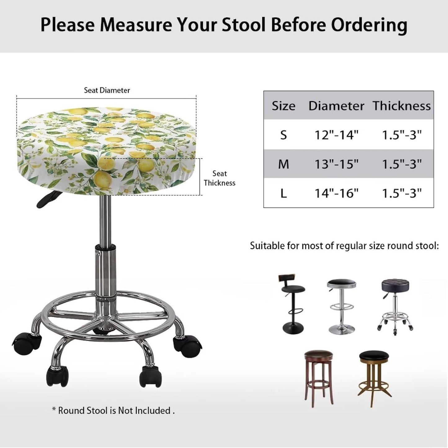 Yellow Lemon Stretch Round Stool Covers with Elastic Bands, Stretchable Anti-Wrinkle Chair Seat Stool Cushion Slipcovers for Home Dining Room Christmas Decor