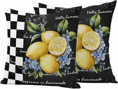 Outdoor Throw Pillow Covers Set of 2 Lemon Blue Flowers Waterproof Decorative Cushion Covers Black White Check Outdoor Pillowcases for Patio Couch Garden Balcony Sofa 16 x 16 Inches