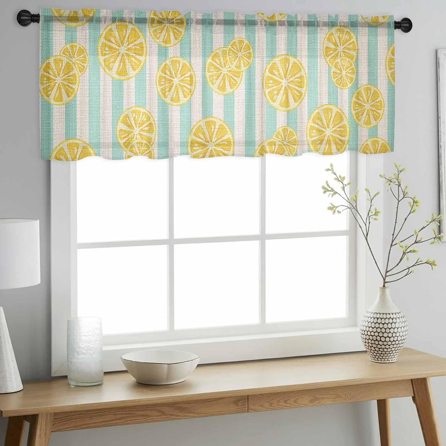 Stripes Lemon Sheer Curtain 18 Inch Long Cotton Linen Background Light Filtering Rod Pocket Voile Curtain Valance for Bedroom Kitchen Cafe Window 42" W x 18" L