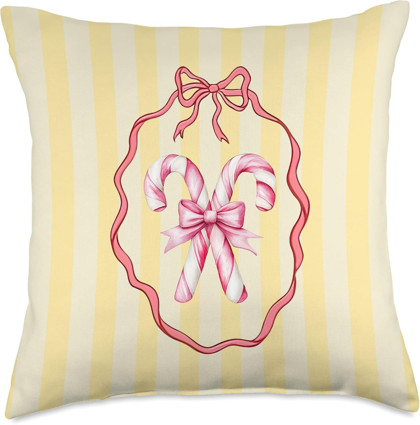 Aesthetic Coquette Girly Candy Canes with Bow Yellow Stripes Throw Pillow