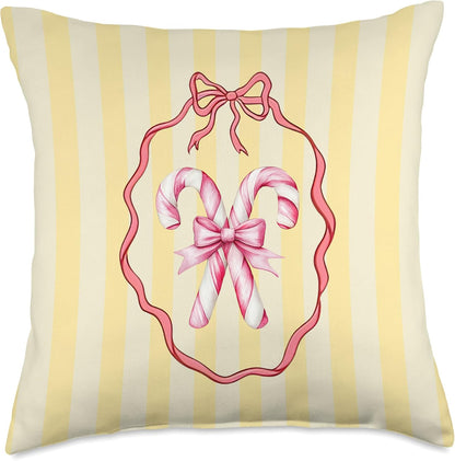 Aesthetic Coquette Girly Candy Canes with Bow Yellow Stripes Throw Pillow