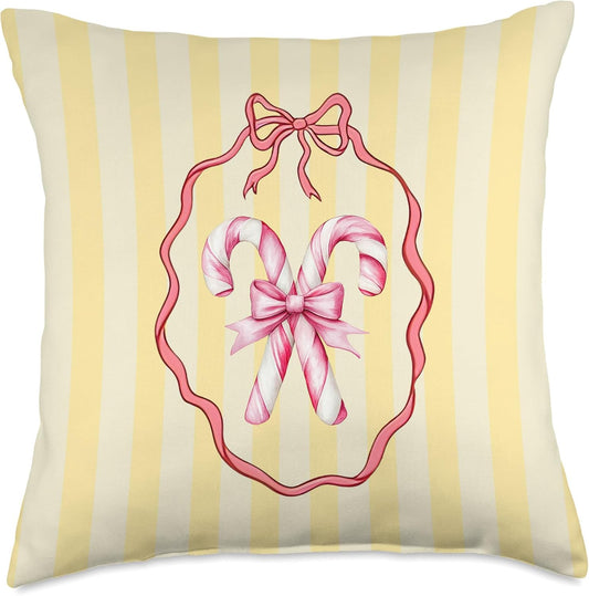 Aesthetic Coquette Girly Candy Canes with Bow Yellow Stripes Throw Pillow