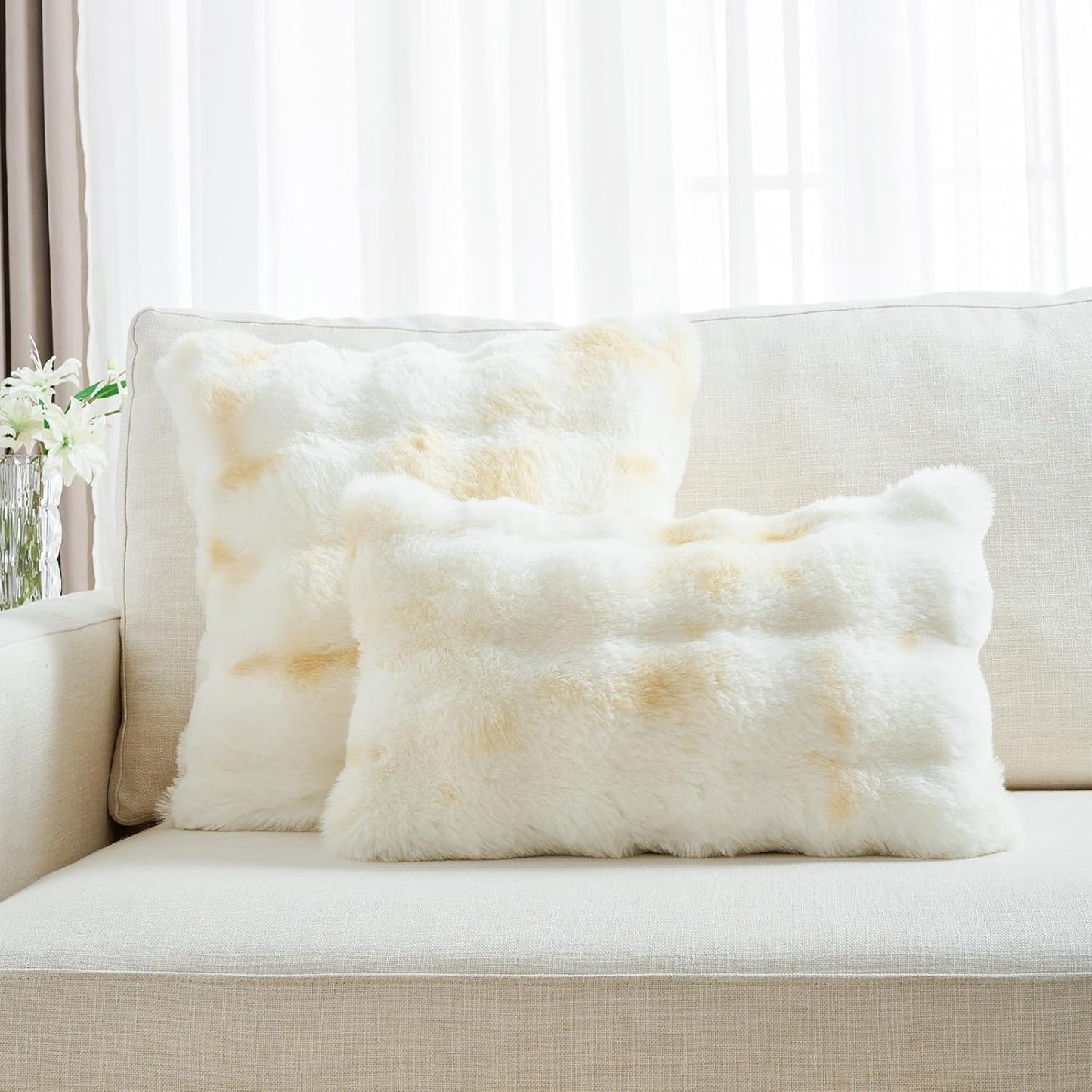 FUTEI Pack of 2 Faux Fur Throw Pillow Covers 12x20 Inch Soft Raised Textured Decorative Pillowcase Modern Farmhouse Accent for Couch Bed Living Room, Yellow White