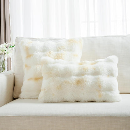 FUTEI Pack of 2 Faux Fur Throw Pillow Covers 12x20 Inch Soft Raised Textured Decorative Pillowcase Modern Farmhouse Accent for Couch Bed Living Room, Yellow White