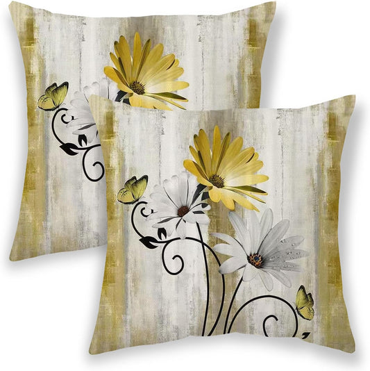 Mustard Yellow Floral Pillow Covers 18x18 Inch 2 Pcs, Vintage Daisy Flower Butterfly Decorative Throw Pillows,Rustic Spring Summer Outdoor Seasonal Decor Pillowcase Cushion Cover for Couch Bed