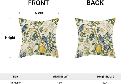 Chinoiserie Blue and Green Floral Bird Pillow Covers 18x18 Set of 2, Yellow Lemon Flower Summer Decorative Throw Pillows Farmhouse Linen Outdoor Cushion Case for Home Couch Sofa Decor