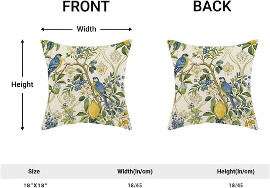 Chinoiserie Blue and Green Floral Bird Pillow Covers 18x18 Set of 2, Yellow Lemon Flower Summer Decorative Throw Pillows Farmhouse Linen Outdoor Cushion Case for Home Couch Sofa Decor