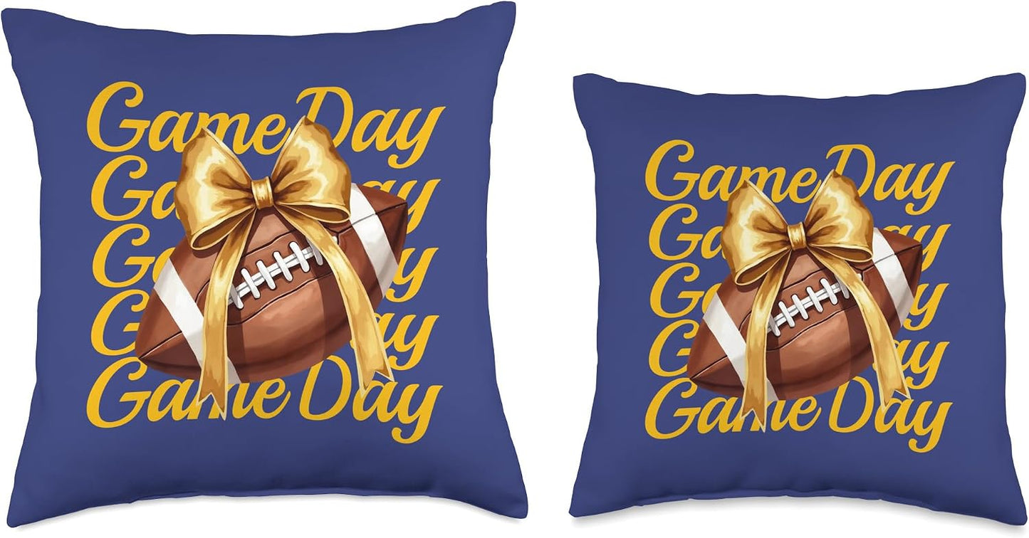 Cheer Fall Football Mom Retro Yellow Game Day Croquette Bow Throw Pillow