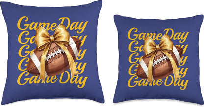 Cheer Fall Football Mom Retro Yellow Game Day Croquette Bow Throw Pillow
