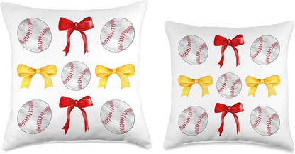 Baseballs & Red & Yellow Gold Bows Tee Ball Mom School Pride Throw Pillow