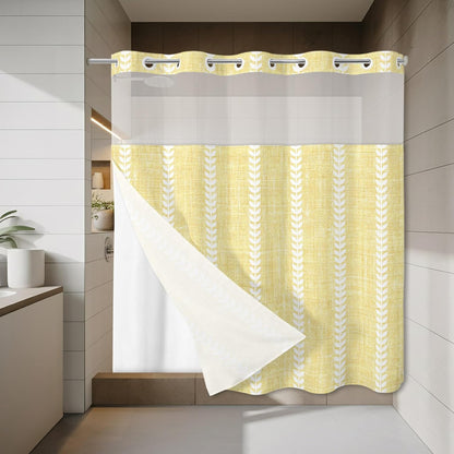 Light Yellow Linen Shower Curtains Set Modern Farmhouse Vertical Lines No Hook Shower Curtains with Snap in Liner 72" x 78" Waterproof Fabric See Through Top Sheer Window for Bathroom Shower Room
