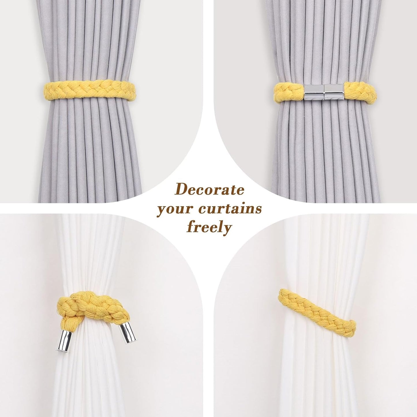 NICEEC 2 Pack Twisted Braid Rope Magnetic Curtain Tiebacks Elegant Hand-Woven Style Drape Tie Backs Soft Natural Cotton Rope Curtain Holdbacks for Home & Office Window Draperies (Yellow)