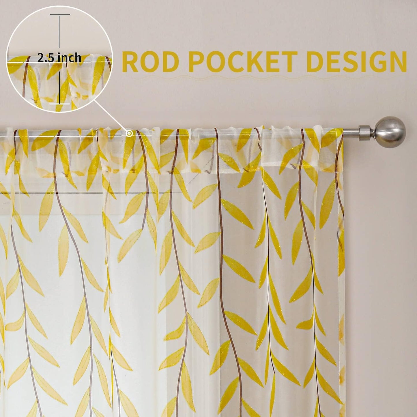 BROSHAN Yellow Sheer Window Curtains 2 Panels, Light Yellow Curtain Sheers Vine Leaves Pattern Voile Bedroom Curtains Rod Pocket Transparent Drapes for Living Room