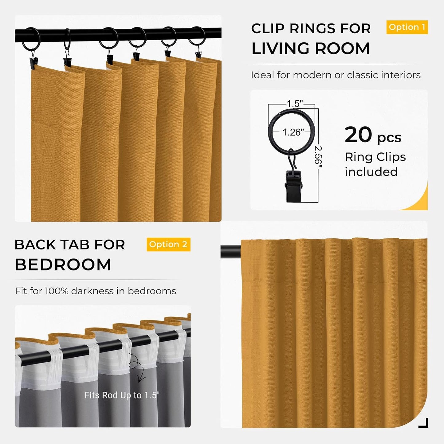 INOVADAY 100% Blackout Curtains for Bedroom, Mustard Yellow Black Out Curtains 84 Inch Long, Clip Rings Linen Blackout Drapes, Thermal Insulated Room Darkening for Living Room, 2 Panels - W50xL84