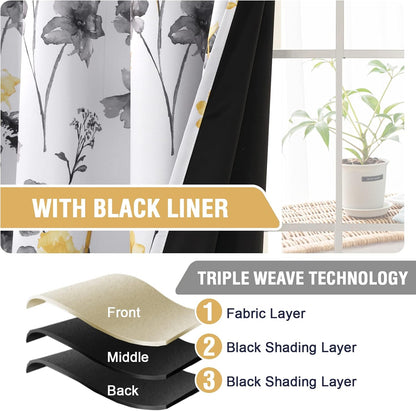 H.VERSAILTEX 100% Blackout Tie Up Curtains Cattleya Floral Printed Rod Pocket Panel for Small Window with Black Liner- 42" Wide by 63" Long - Floral Pattern in Grey and Yellow
