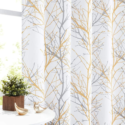 FMFUNCTEX 100% Blackout Yellow on White Tree Curtains for Bedroom, Curtains 84 Inches Long Branch Curtain Panels for Living Room, Room Darkening Thermal Insulated Window Drapes, Grommet Top 2 Panels