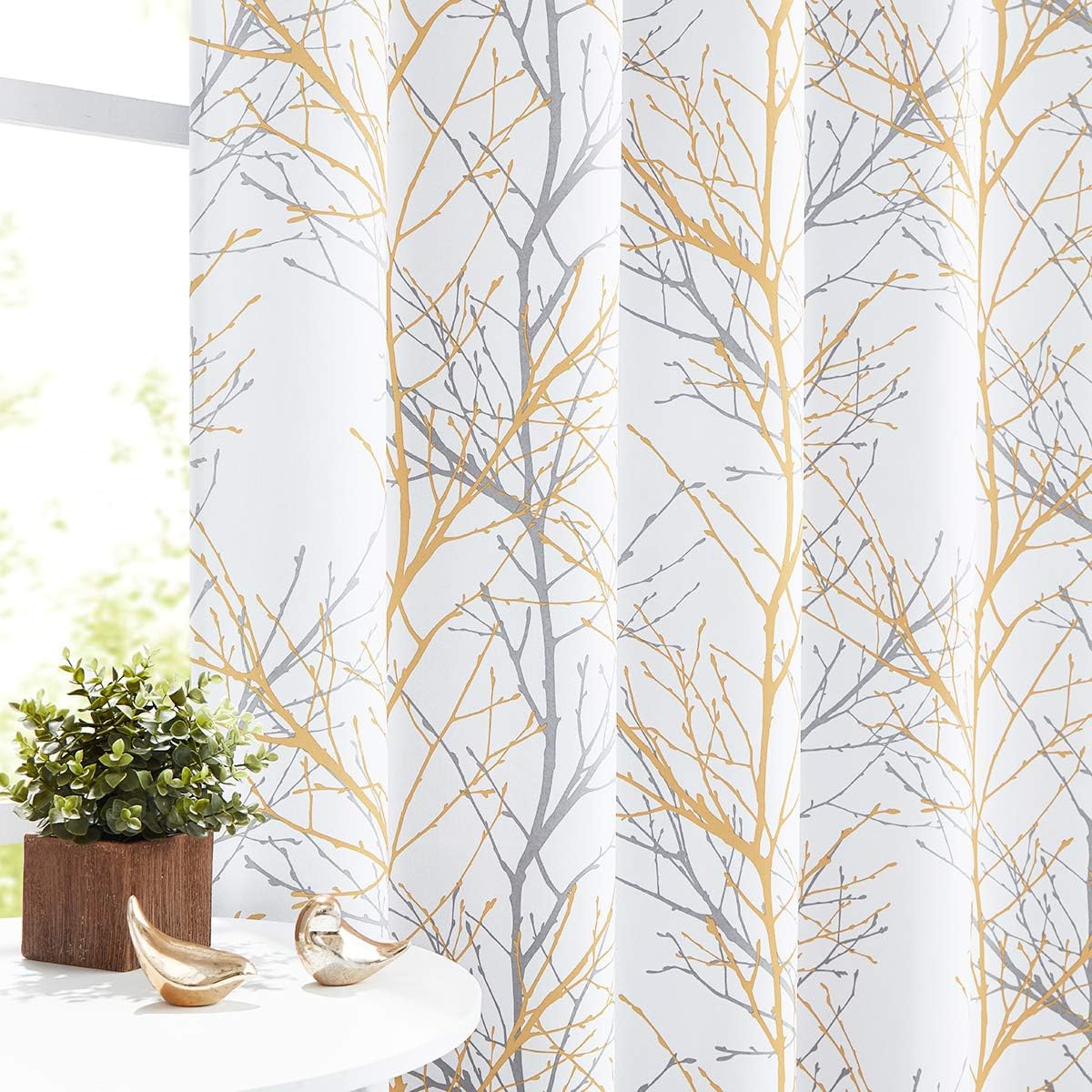 FMFUNCTEX 100% Blackout Curtains for Living Room, Yellow Grey Curtains 63 Inch Length Tree Branch Patterned Curtains for Bedroom, Thermal Insulated Farmhouse Window Treatment, Grommet Top 2 Panels