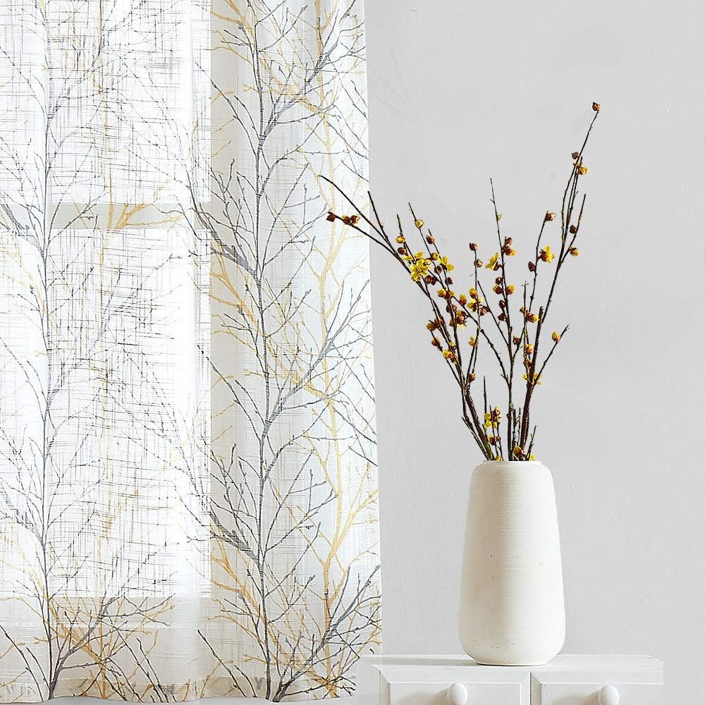 FMFUNCTEX Window Valance Curtains Yellow Grey Tree Branch Print on Semi Sheer White Short Valance for Kitchen Bathroom Rod Pocket Window Treatment 1 Panel, 50 x 15 Inches