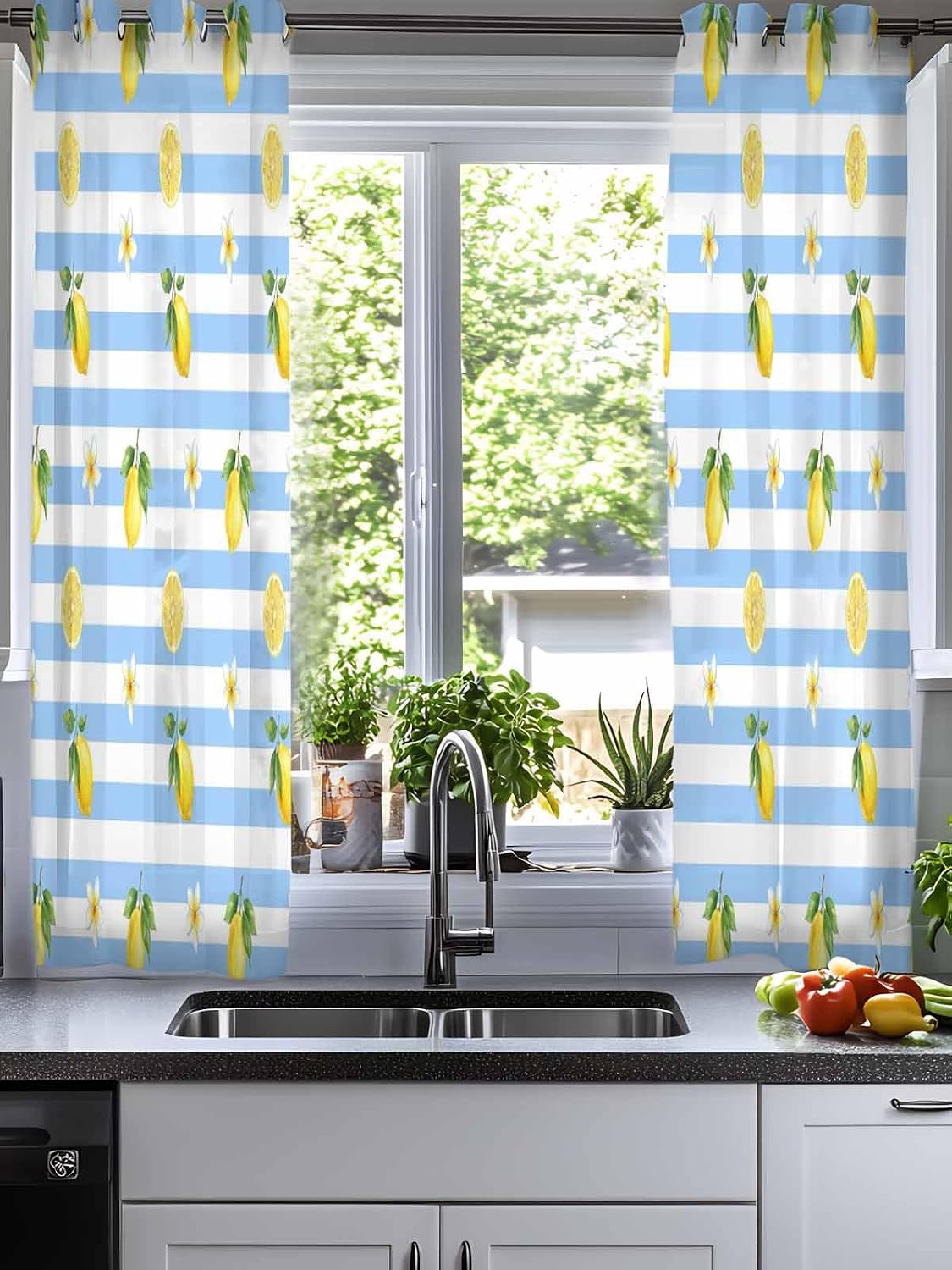 Summer Fruit Sheer Curtains 48 Inches Long 2 Panels Set, Watercolor Yellow Lemon Rustic Flower Plate Blue Stripes Chiffon Sheer Backdrop Curtains Sheer Curtain Panels for Bedroom Living Room 52x45in