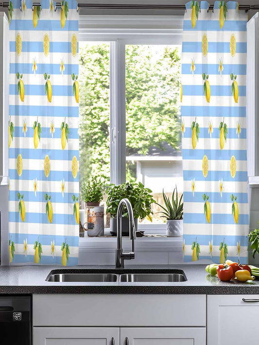 Summer Fruit Sheer Curtains 48 Inches Long 2 Panels Set, Watercolor Yellow Lemon Rustic Flower Plate Blue Stripes Chiffon Sheer Backdrop Curtains Sheer Curtain Panels for Bedroom Living Room 52x45in
