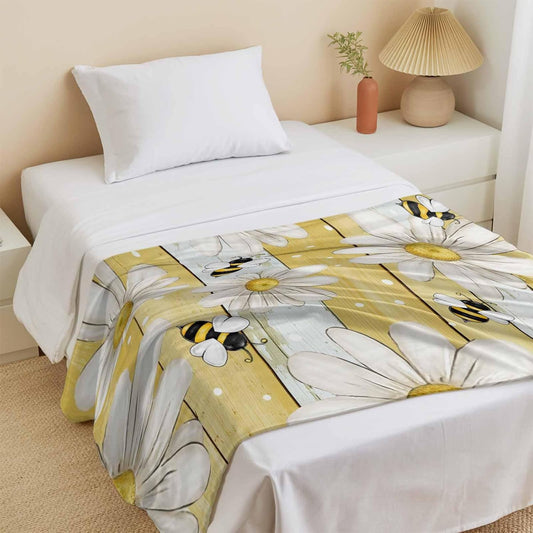 Cooling Blanket for Hot Sleepers, White Daisy Farmhouse Lightweight Breathable Summer Blanket, Garden Floral Bees Yellow Wooden Double-Side Cool Throw Blankets for Sleeping Travel, 40"x60"