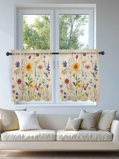 Botanical Floral Sheer Curtains for Bedroom Living Room Window Tier Curtain 24 Inch Length, Retro Purple Pink Yellow Wildflowers Rod Pocket Voile Drapes Kitchen Curtains Small Half Window 2 Panels