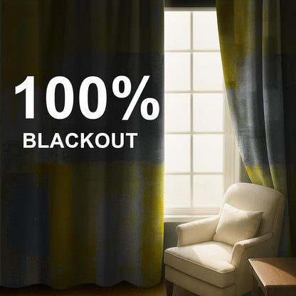 Yellow Grey Abstract Geometric Curtains – 100% Blackout Grommet Drapes, Thermal Insulated Window Panels for Bedroom, Living Room, Kids Room, 42 x 45 Inch